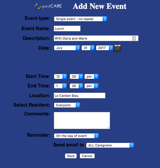 Add New Event window
